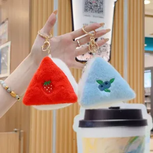 Cute plush triangle sandwich keychain with strawberry and blueberry embroidery for bag pendant