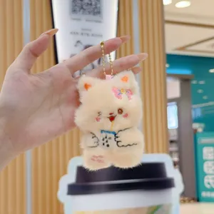Portachiavi in peluche gatto carino con tè boba, materiale morbido e soffice con grazioso dettaglio fiocco.