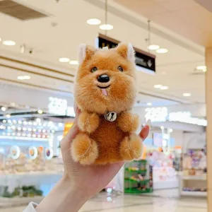 Cute brown plush puppy toy with bell and tongue out, soft desktop companion doll gift.