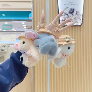 Süßer Plüsch Kaninchen Schlüsselanhänger mit Strohhut, weiche Taschenanhänger Deko.