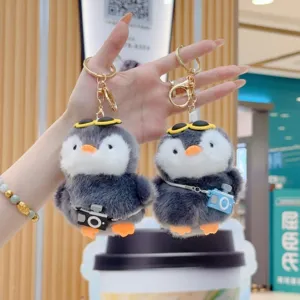 Cute chubby penguin plush keychain doll with sunglasses and tiny camera toy pendant gift.
