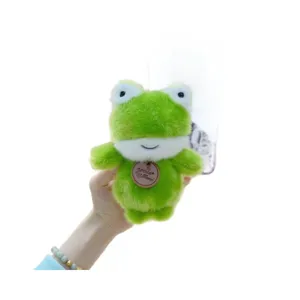 Cute green frog plush toy keychain and bag pendant, soft stuffed animal charm for gifts.