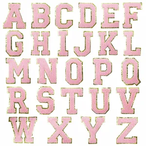 Roze chenille letters patches gouden glitters rand A tot Z alfabet kleding DIY detail