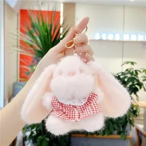 Cute pink plush bunny rabbit keychain with red checkered dress, soft bag charm pendant.