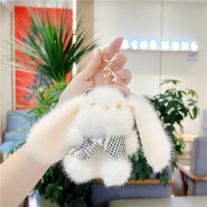Fluffy plush rabbit keychain, cute bunny bag charm with checkered dress and gold ring.