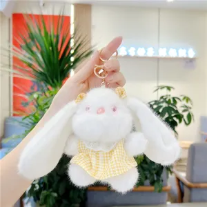 Cute long-ear bunny plush keychain with yellow plaid dress soft bag charm plush pendant