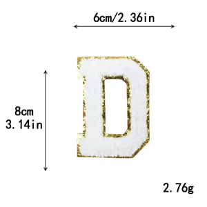 Gouden glitter chenille letter D patch 8cm geborduurde opnaaier voor kleding DIY