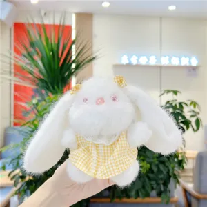 Cute long ear plush rabbit doll with yellow plaid dress key ring bag hanging ornament.