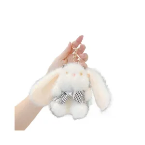 Fluffy long-ear white rabbit plush keychain with cute plaid dress bag pendant gift key ring