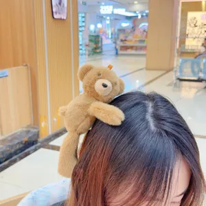 Cute plush teddy bear hair clip for women, soft brown animal hair barrette for daily wear.