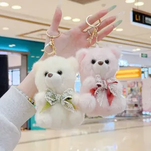 Cute bow tie bear keychain plush toy pendant soft stuffed doll for backpack decoration detail view