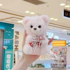 Cute pink plush bear pendant keychain, fluffy stuffed doll bag charm with lace bow.