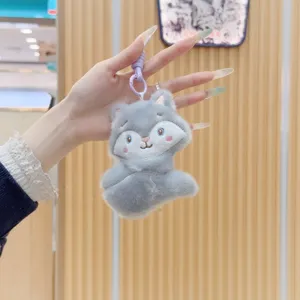 Cute grey animal plush toy keyring pendant, soft embroidered doll detail view for bags.