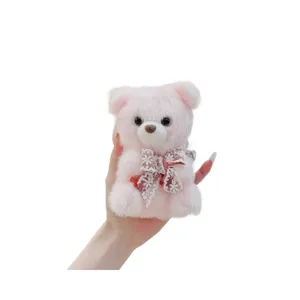 Cute pink plush bear keychain pendant with delicate lace bow, soft toy bag charm for daily use.