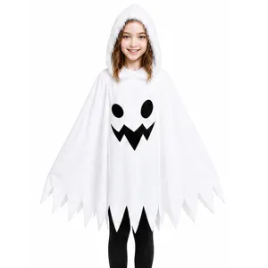 Kids Halloween Ghost Costume White Hooded Cloak Dress Cosplay Party Outfit Children Spooky Dress Up Apparel