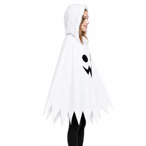 Details of the kids white hooded ghost costume, featuring a spooky jagged hem and cute face.