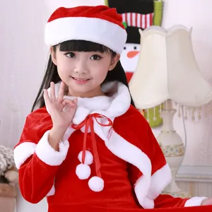 Kids Christmas Santa costume set, red velvet dress with white plush trim and matching hat.