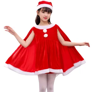 Niños Navidad terciopelo disfraz actuación escenario vestido rojo sombrero conjunto vista principal