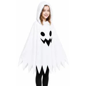 Kids Halloween white ghost hooded poncho cosplay costume with jagged hem and cute spooky face.