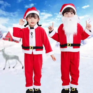Details of children fleece Santa costume, soft red and white holiday wear for kids.