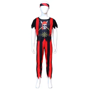 Set costume da pirata per bambini con maglia teschio, pantaloni a righe e fascia per festa.