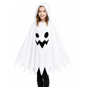 Kids Halloween white hooded ghost costume dress, cute spooky cosplay outfit for party fun.