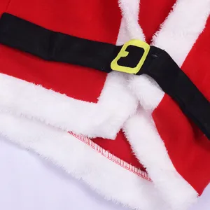 Kids Christmas costume detail red fleece white plush trim black belt yellow buckle