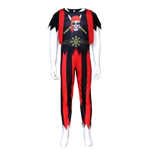 Set costume da pirata per bambini con stampa teschio pantaloni a righe nere rosse Halloween.