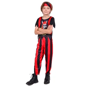 Kids pirate costume for Halloween party, includes striped pants, top and red headscarf.
