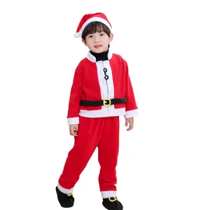 Close-up details of the cozy fleece kids Santa costume, soft texture and cute festive design.