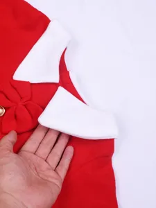 Kids Christmas costume red Santa dress with white collar and bow for holiday party wear.
