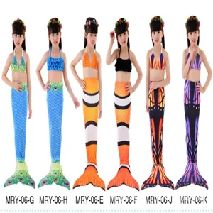 Kids mermaid swimsuit set with bikini top, bottoms, and fish tail for little girls swimming.