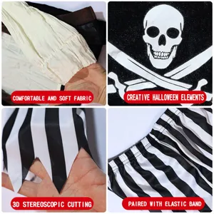 Détail du costume de pirate pour enfants avec tissu doux, imprimé crâne et élastique.