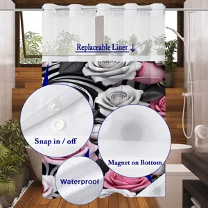 Double layer shower curtain with snap-in replaceable liner waterproof and bottom magnets.