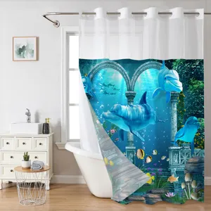 Double layer ocean dolphin print shower curtain detail view for modern bathroom decor