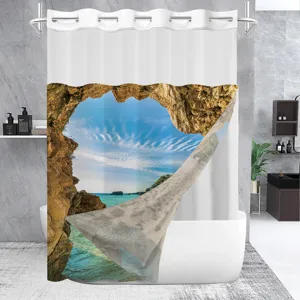 3D beach cave print shower curtain waterproof bathroom curtain with large rings 180x180cm