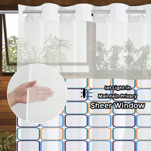 Double layer shower curtain with sheer top window and colorful grid print, hookless design.