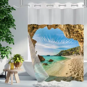 Waterproof fabric shower curtain with beach cave landscape print for modern bathroom decor.