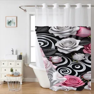 3D floral shower curtain with sheer top panel and black white swirl rose pattern bathroom decor