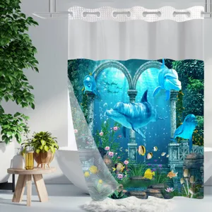 Ocean dolphin print shower curtain scene detail, bathroom waterproof fabric decor with rings.