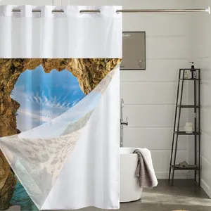 Double layer ocean cave print shower curtain with large rings for modern bathroom decor