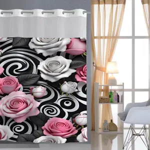 Detailed view of 3D pink and white rose floral print shower curtain with metal grommets