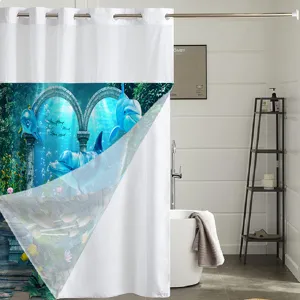 Double layer shower curtain with ocean dolphin print, hookless detachable bathroom decor.