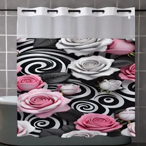 3D pink white rose shower curtain black white swirl pattern hookless double layer bathroom decor