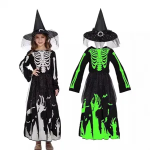 Costume de sorcière squelette d'Halloween pour enfants avec chapeau, robe de fête cosplay.