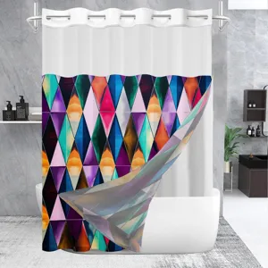 Doppelter Duschvorhang geometrischer Rauten Druck hakenlos wasserdichter Badezimmervorhang