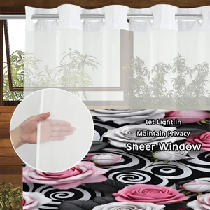 White sheer window curtain with floral print, light filtering and privacy design.