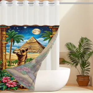 Detailed close-up of Egyptian pyramid double layer shower curtain in bathroom scene