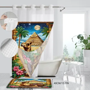 Egyptian pyramid camel print shower curtain set with non-slip bathroom floor mat decor.