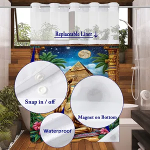 Detail view showing waterproof shower curtain with replaceable snap-in liner and magnets.